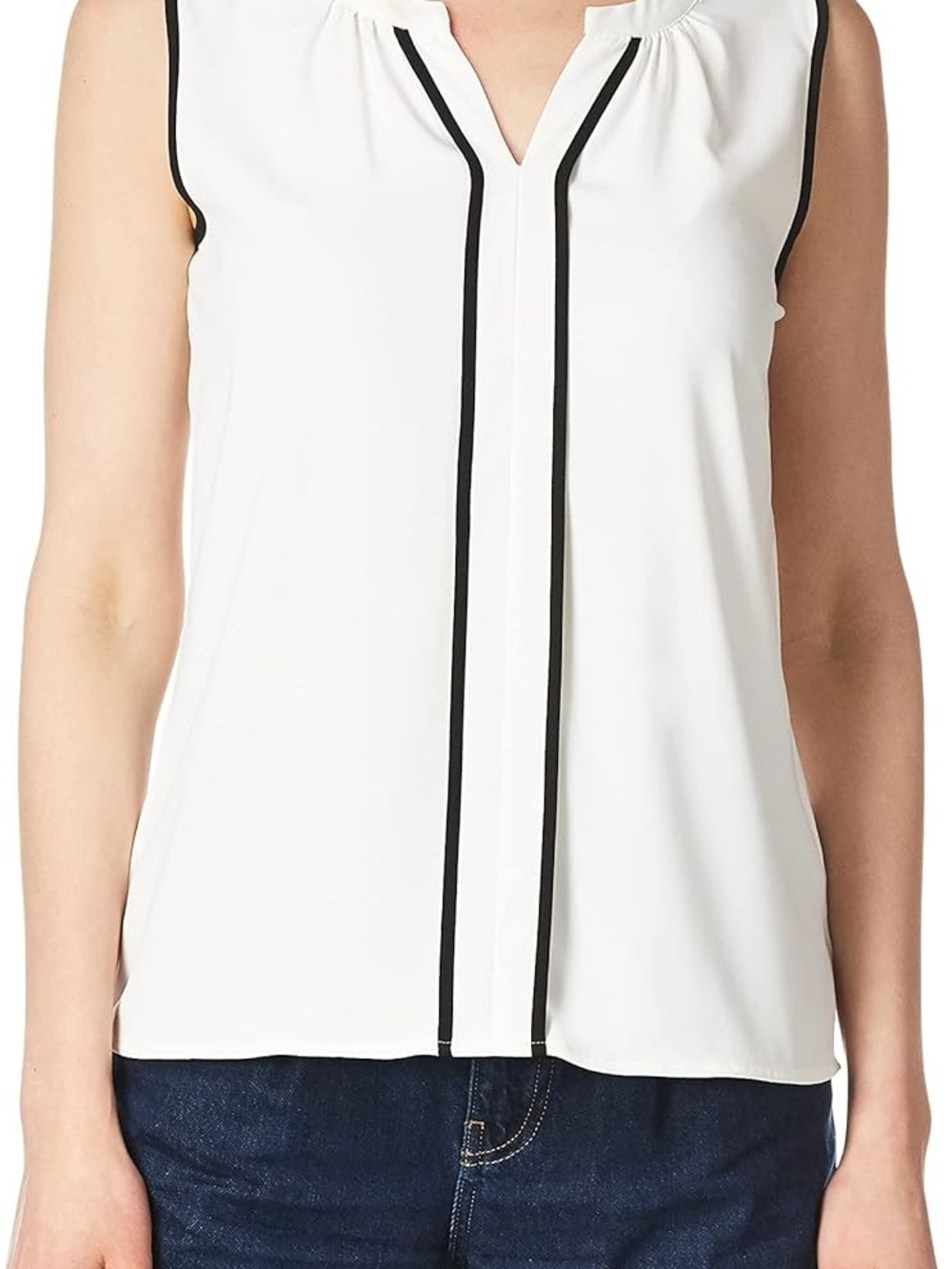 Calvin Klein White Sleeveless V-Neck Shell with Black Trim